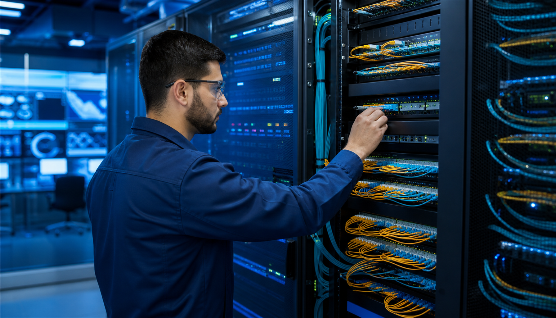 Técnico instalando fibra óptica em rack de telecomunicações